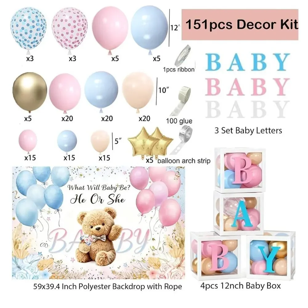 151 Piece Gender Reveal Kit Pink Blue Party Decor NIB bear balloons backdrop